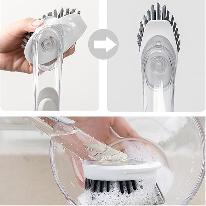 Soap Dispensing Dish Brush with 4 Replaceable Heads, Updated No Leaking Soap Dish Scrubber Soap Dispenser, Kitchen Dish Brush with Soap Dispenser for Pot Pan Sink Cleaning(Light Gray)