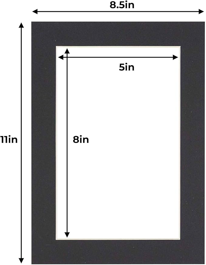 5.5x8.5 Mat for 8.5x11 Frame - Precut Mat Board Acid-Free Show Kit with Backing Board, and Clear Bags Black 5.5x8.5 Photo Matte Made to Fit a 8.5x11 Picture Frame Matboard for Framing, Pack of 1 Mat