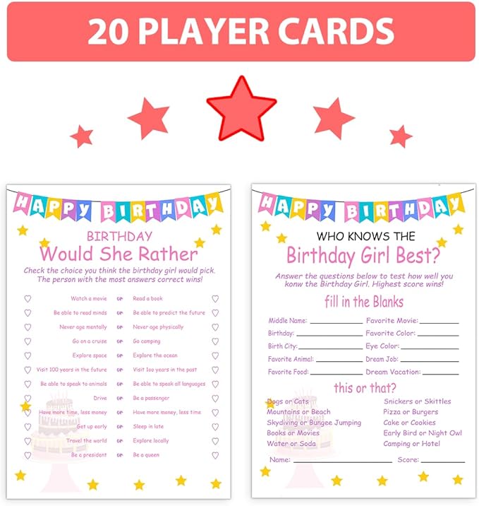 Birthday Party Games Set for Girls- 20 Birthday Double Sided Games Cards Set- Girls Birthday Party Activity Notebook Themed Party Activity and Idea - Girl Birthday Party Supplies, Decorations