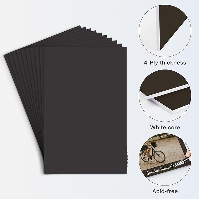 Golden State Art, 11x17 Uncut Photo Mat Matboard - Black Uncut Mats for DIY Projects, Presentation Boards, Art Crafts, Prints (50 Pack)