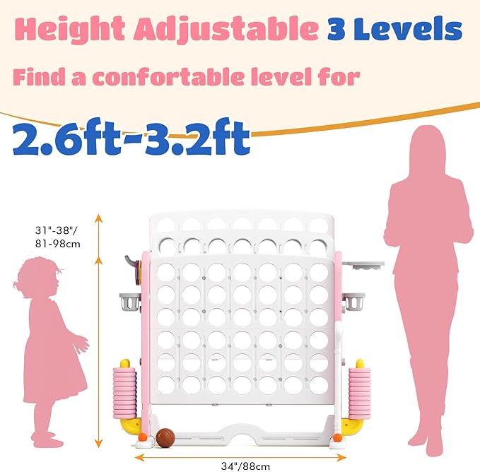 Giant 4 in-A-Row Connect Game Set, Adjustable Height Jumbo Yard Game with Basketball Hoop, Golf, Mesh Pocket & Ring Toss, Indoor Outdoor Family Backyard Party Game for Kids and Adults, Pink-White