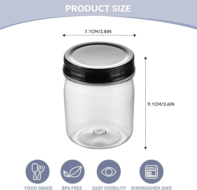 novelinks 8 oz Clear Plastic Jars with Screw-On Lids - BPA-Free Refillable Storage Containers for Slime, Spices, Crafts, Kitchen & Home Organization (8 Pack,Black)