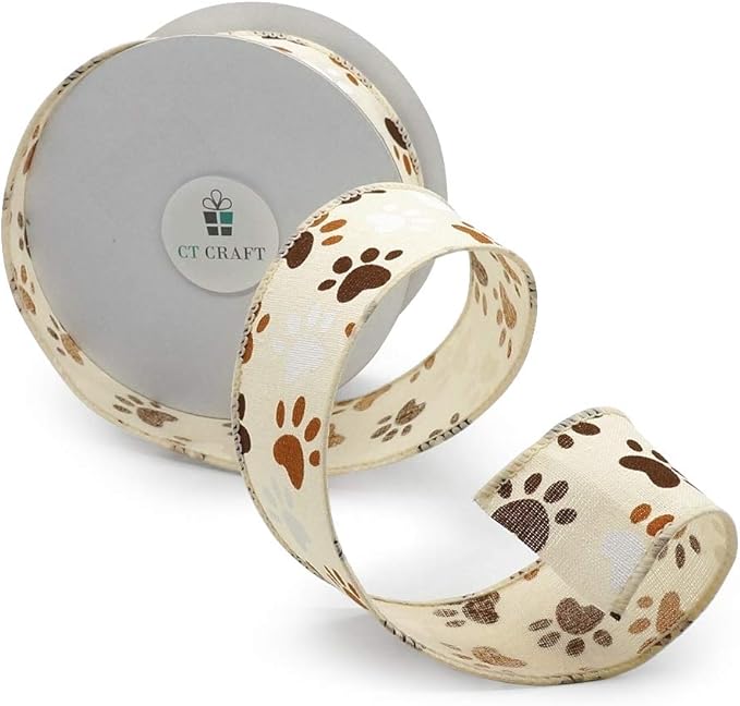 CT CRAFT LLC Ivory Canvas Dog Paw Wired Ribbon 1.5 Inch x 10 Yards for Christmas Home Decor Tree Topper Bow Gift Wrapping DIY Crafts Wreath Garland