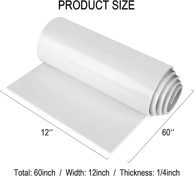 Neoprene Sponge Rubber Foam Sheets with Adhesive Backing, 12" x 60" x 1/4" White Foam Roll Insulation Board Soundproof Neoprene Mat, Great for Cosplay Padding, DIY, Gaskets, Costume, Crafts