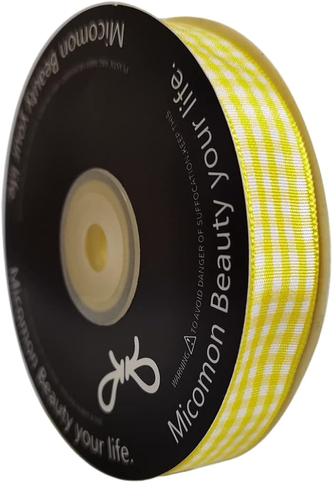 Yellow Gingham Plaid Checked Ribbon 25 Yards Each Roll 100% Polyester (5/8",Yellow)