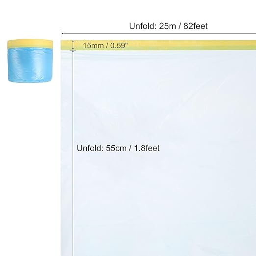uxcell Pre-Taped Masking Film, 1.8ft x 82ft Plastic Paint Drop Cloth with Medium-Tack Painters Tape for Painting Spraying Protection Blue Film 6Pcs