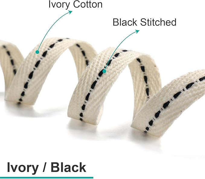 CT CRAFT LLC Ivory Cotton Black Stitched Ribbon 3/8" x 10 Yards for Home Décor Gift Present Wrapping DIY Crafts Birthday Wedding Bouquet Christmas