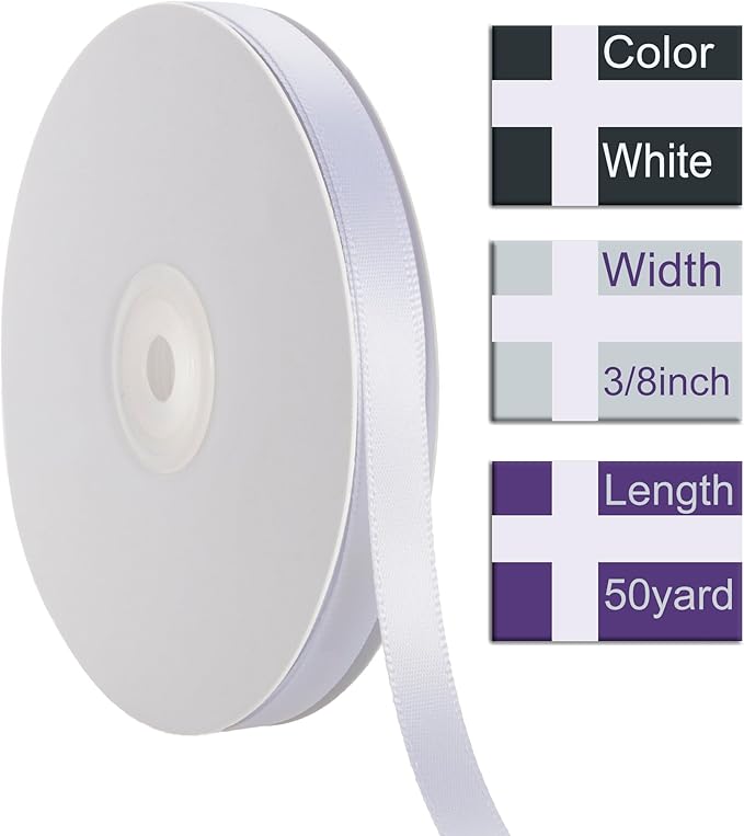 3/8 Inch White Ribbon, 50 Yards Craft Polyester Satin Ribbon Perfect for Gift Wrapping, Handmade Roses, Wedding Party Decorations and DIY Crafts