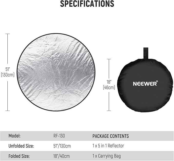 NEEWER 51 Inch/130 Centimeter Light Reflector Diffuser 5 in 1 Collapsible Multi Disc with Bag - Translucent, Silver, Gold, White, and Black for Studio Photography Lighting and Outdoor Lighting