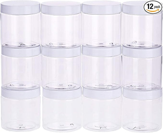 Chuangchou Empty Clear Plastic Storage Favor Jars Wide-mouth Plastic Containers with White Lids (12 Pack) for Beauty Products, DIY Making or Others (8 oz)