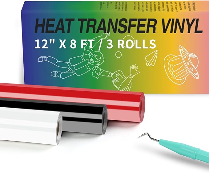 HTVRONT HTV Vinyl Rolls Black White and Red Heat Transfer Vinyl, 12" x 8 FT Black White and Red Iron on Vinyl for Shirt, Easy to Cut & Weed for Heat Vinyl Design