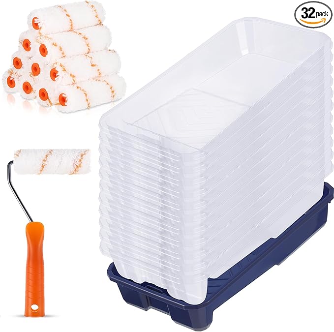 Qilery 32 Pcs Paint Roller Tray Kit 4 Inch Small Paint Roller Includes 20 Pcs Disposable Liners and Tray, 10 Piece Covers Replacement, Frame with Handle for Home Wall Furniture Craft Work Supplies