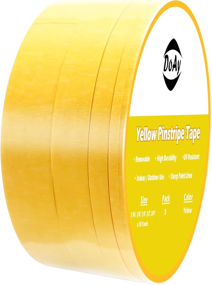 5 Rolls Pinstripe Tape - Masking Tape 1/16", 1/8", 1/4", 1/2", 3/4" - Thin Painters Masking Automotive Tape for DIY, Car, Auto, Paint, Art, Tumblers (Yellow)