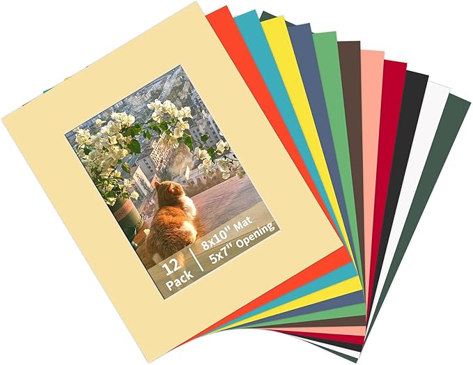 ZBEIVAN 12 Packs Mixed Colors 8x10 Picture Frame Mats for 5x7 Photos, Artworks and Prints, White Core Bevel Cut Frame Mattes