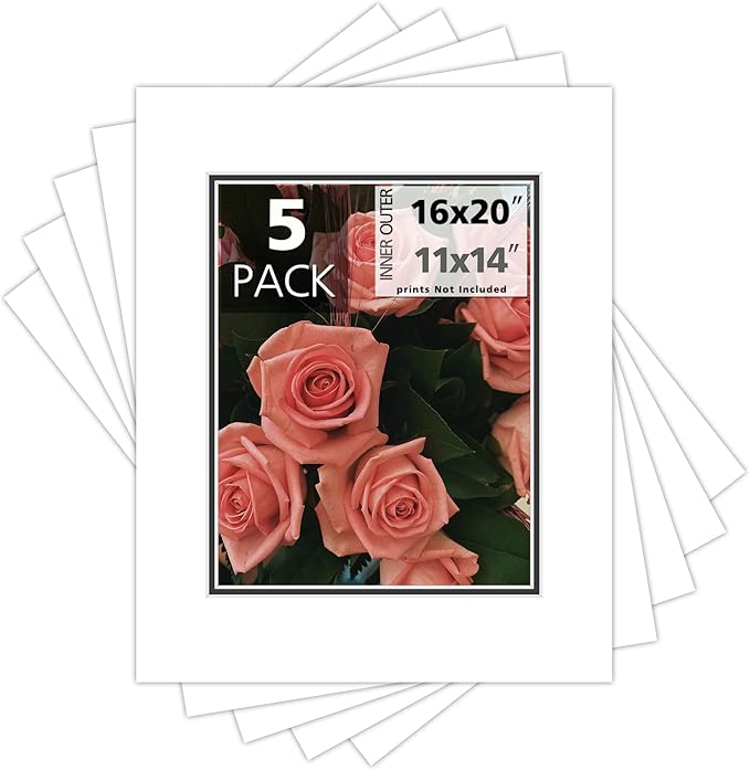 Mat Board Center, Double Mat - Acid Free, 8-ply Thickness, White Core - for Pictures, Photos, Framing (White Over Black, 16x20 for 11x14, Pack of 5)