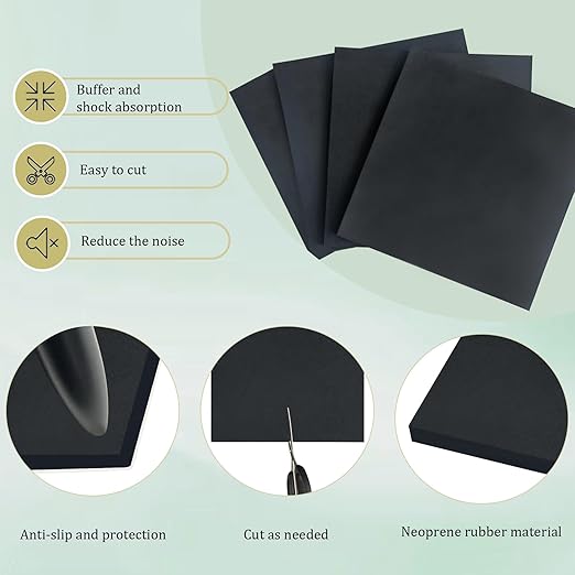 4 Pieces Anti Vibration Pads 1/4 in Thick X 6 in X 6 in, Neoprene Rubber Pads, Hard Rubber Block for Anti-Slip, Shock Absorption, Protection