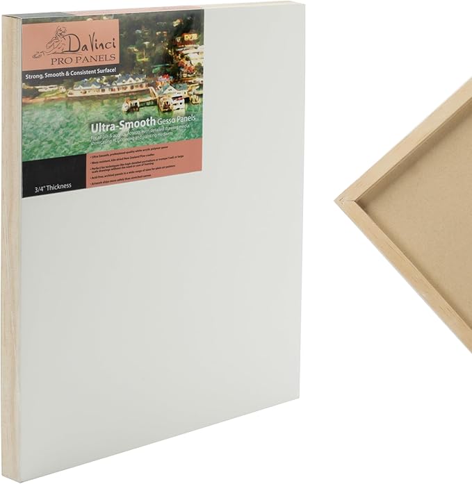 Da Vinci Pro Ultra Smooth Wood Canvas Gesso Board - 3/4" Deep, 12x16 Single White Acrylic Polymer Gesso Panels for Painting Fine Portraits and Ultra Fine Detail Illustrations and Artwork