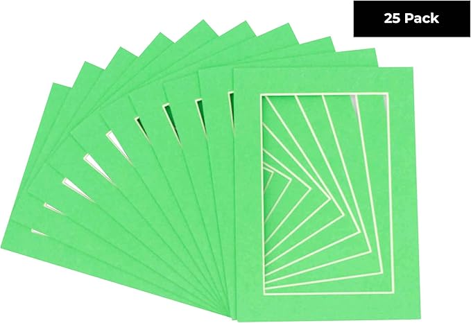 5.5x8.5 Mat for 8.5x11 Frame - Precut Mat Board Acid-Free Bright Green 5.5x8.5 Photo Matte for a 8.5x11 Picture Frame, Matboard for Family Photos, Show Kits, Art, Picture Framing, Pack of 25 Mats
