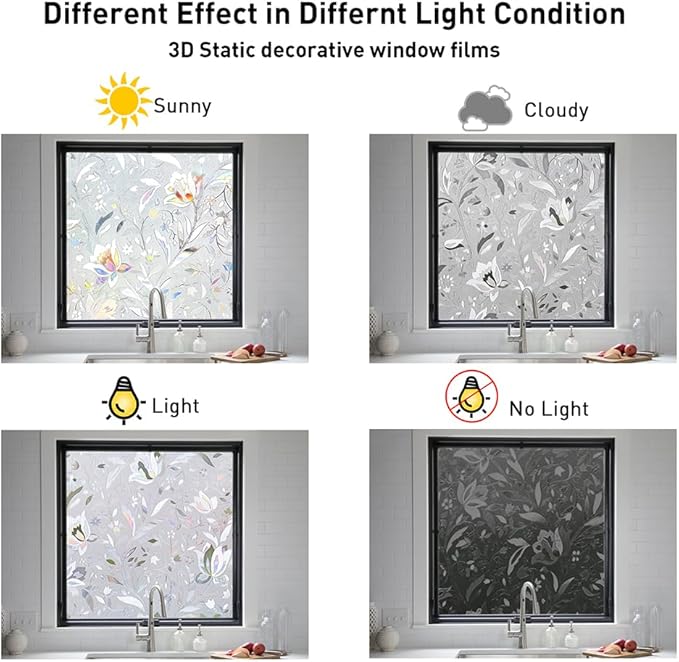 NINETREX Window Privacy Film,3D Stained Glass Window Film,Decorative Window Covering Sun Blocking Vinyl Static Cling Anti-UV Heat Control for Home Decor,Tulip 17.5 x 118.1inch