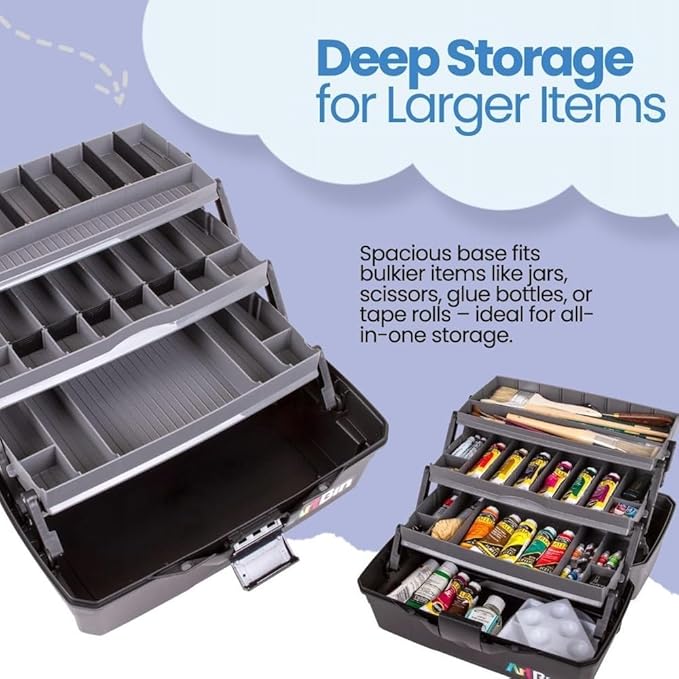 ArtBin 3-Tray Art Supply Box Versatile Organizer for Brushes, Paints, Stamps, and More - Durable Hard Plastic, Secure Closure, Portable with Top Trays and Dividers