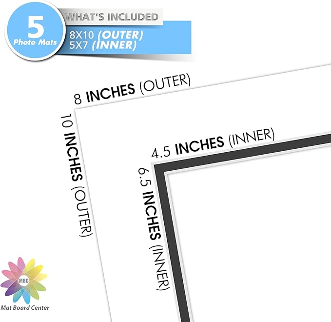 Mat Board Center, Double Mat - Acid Free, 8-ply Thickness, White Core - for Pictures, Photos, Framing (White Over Black, 8x10 for 5x7, Pack of 5)