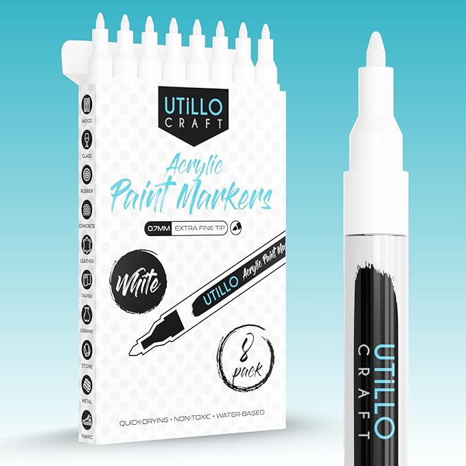 8-Pack White Paint Pens (0.7mm) Extra Fine Tip Made in Japan | Bold Color + 100% Coverage | For Rock, Wood, Glass, Paper, Fabric, Canvas, Metal & More