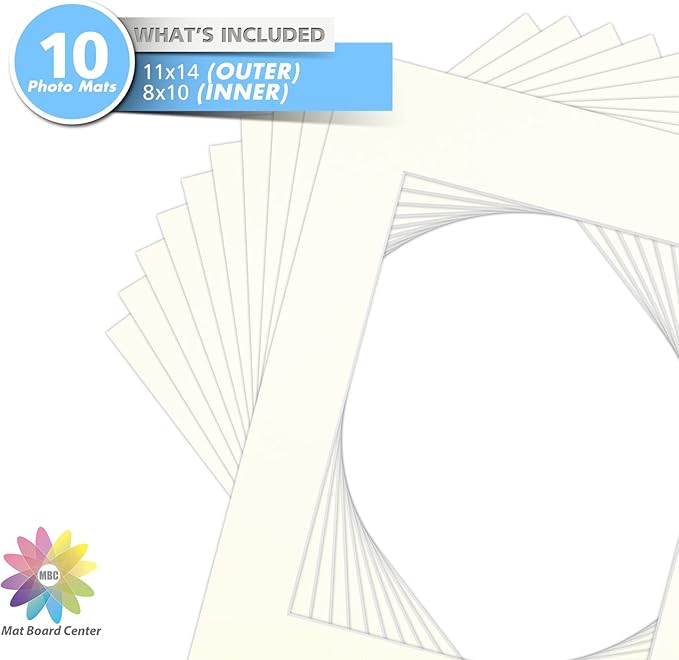Mat Board Center, Pack of 10, 11x14 for 8x10 Ivory Turret Color Mats - Bevel Cut, Acid Free, 4-ply Thickness, White Core - for Pictures, Photos, Framing