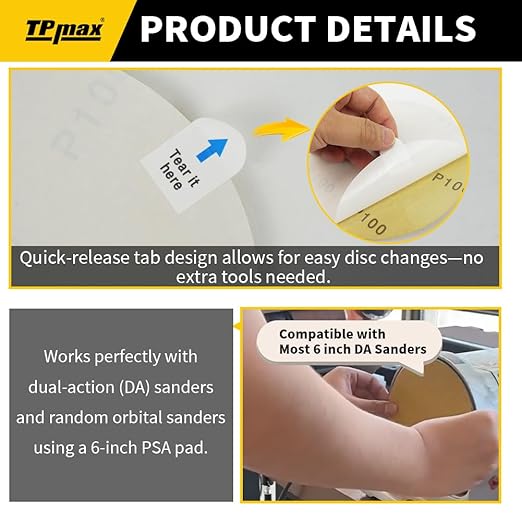 6-Inch 600-Grit Gold PSA Sanding Discs, 50 Pack – Pro-Grade Self-Adhesive Stickyback Sandpaper with Quick-Release Tabs for DA Sander, Micro-Finishing Automotive/Wood/Metal Sanding