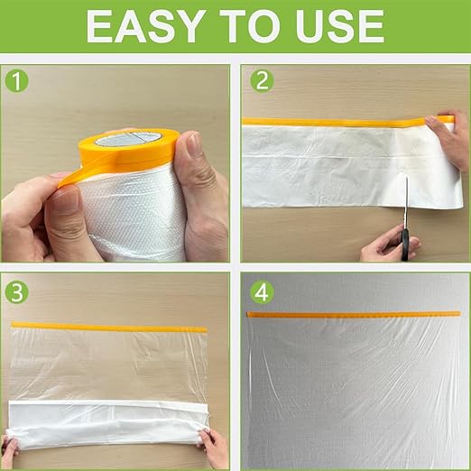 Pre-Taped Masking Film-43inx65ft Tape and Drape Painters Plastic Rolls, Plastic Painting Film for Automotive Painting Covering,Protective Drop Film for Furniture, Car, Floor (4rolls, 43in×65ft)