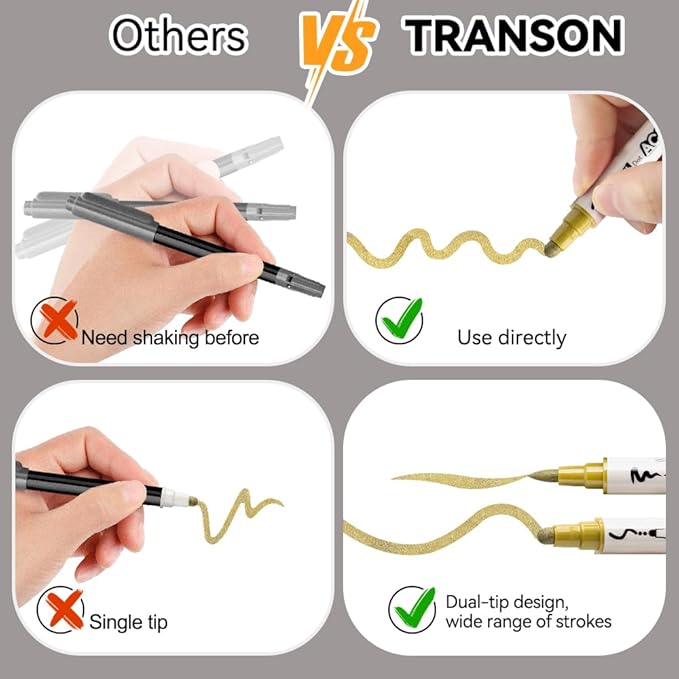 TRANSON 4 Silver and 4 Gold Paint Markers Brush and Bold Dual-tip Acrylic Paint Marker Set for Rock Painting Glass Canvas Wood Leather Ceramic Painting