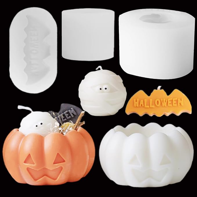 3 Pcs Halloween Candle Silicone Molds Set, DIY Letter Bat, Mummy Ball and 3D Pumpkin Container Mould for Candle Making, Wax Gypsum Ornament Resin Soap Chocolate Mold Home Decor
