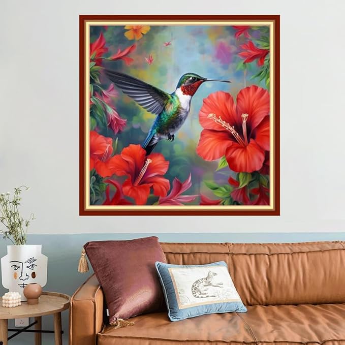 Joyhoor Stamped Cross Stitch Kits for Beginners, Needlepoint Kits for Adults, 11CT Counted Embroidery Kits-Hummingbirds Gather Honey 18x18 inchs