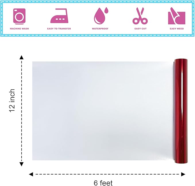 Metallic Red Foil Heat Transfer Vinyl 12Inch*6FT Bundle Chrome HTV Pack in Vibrant Colors for Stunning T-Shirt Designs! Perfect for DIY Heat Transfer Vinyl (Red, 12Inch*6Ft)