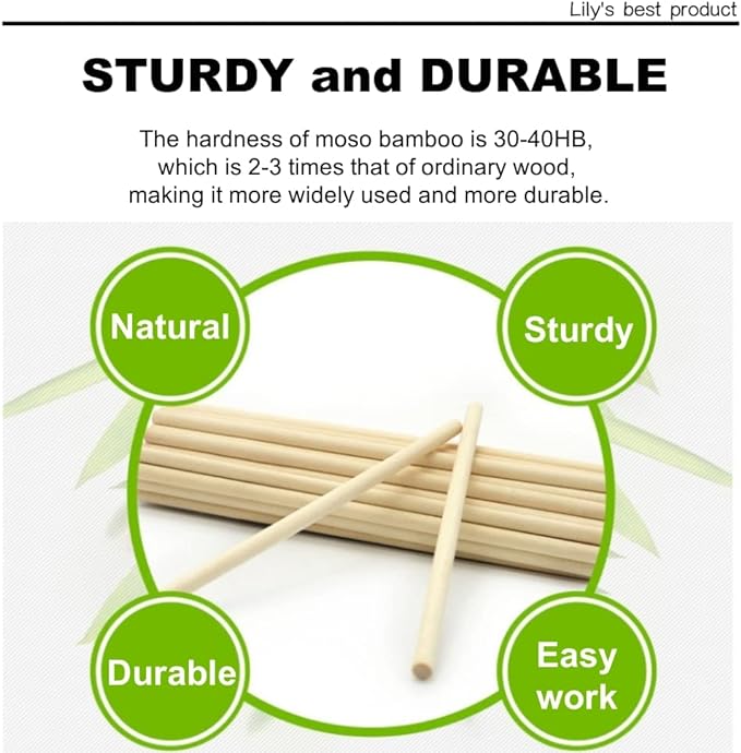 HOPELF 50PCS Bamboo Dowel Rods - 3/8 x 48 Inch, Craft Sticks, Cylindrical, Pack of 50