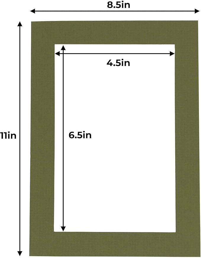 5x7 Mat for 8.5x11 Frame - Precut Mat Board Acid-Free Show Kit with Backing Board, and Clear Bags Dill Green 5x7 Photo Matte Made to Fit a 8.5x11 Picture Frame Matboard for Framing, Pack of 25 Mats