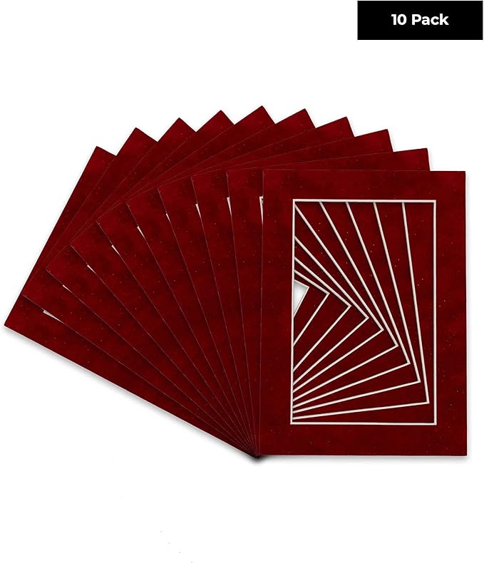 Pack of Ten Acid Free 11x14 Mats Bevel Cut for 8.5x11 Photos - Bright Red Suede Precut Matboards With Backing Boards and Self Seal Bags for Pictures, Framing - 4-ply Thickness