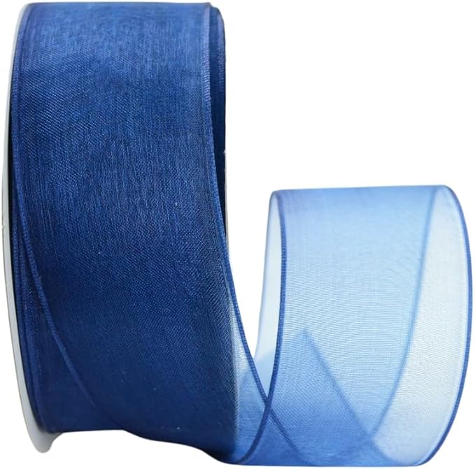 Ribbon Bazaar Sheer Organza Wired Ribbon - 100% Polyester Wire Edged Ribbon for Floral Decor, Table Arrangements, Apparel Embellishment & More - 1-1/2" Navy 25yd
