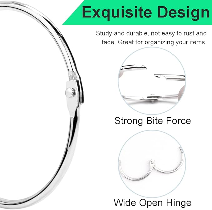 CooBigo 50 Pack Binder Ring, Metal Book Ring Paper Ring Holder 1-1/2-Inch Loose Leaf Binder Ring Clip for Index Card, Flash Card Ring, DMC Embroidery Floss Organizer, Keychain Key Ring - Silver