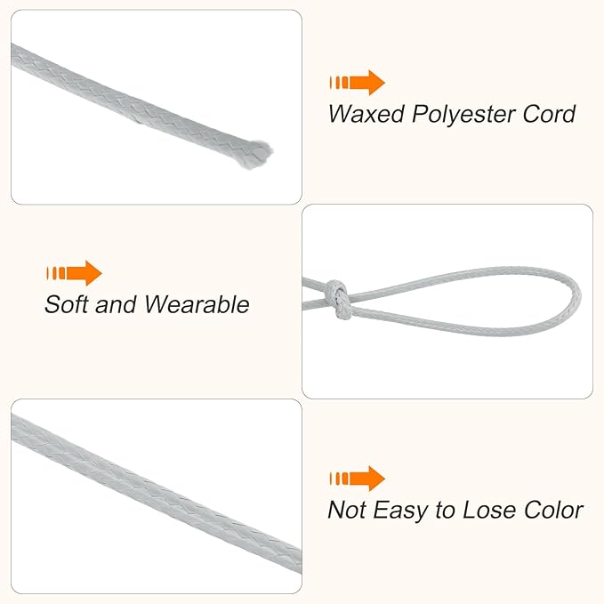 MECCANIXITY Waxed Cord 2mm Waxed Polyester Cord 98 Yard Wax String for Bracelet Making, Necklaces, Beading, Jewelry Making and DIY Crafts(Light Grey)