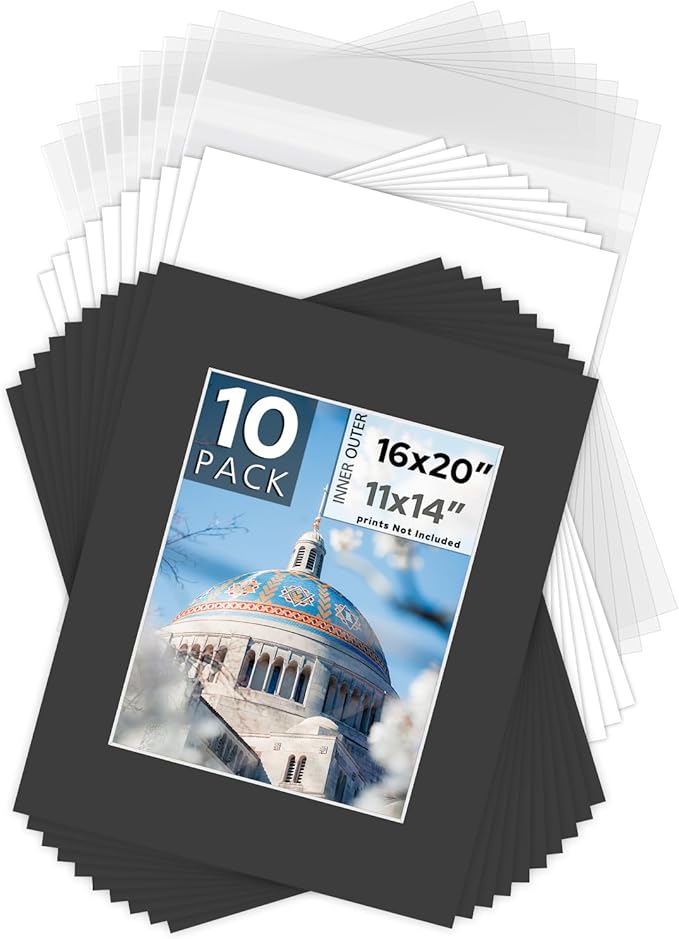 Mat Board Center, Pack of 10, 16x20 for 11x14 Black Picture Mat Sets - Acid Free, 4-ply Thickness, Bevel Pre-Cut White Core - Includes Backing Boards and Clear Bags - for Pictures, Photos, Framing