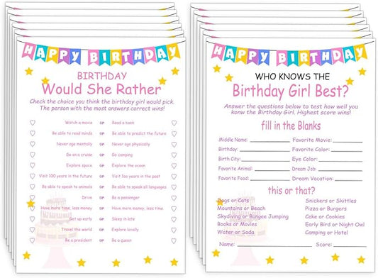 Birthday Party Games Set for Girls- 20 Birthday Double Sided Games Cards Set- Girls Birthday Party Activity Notebook Themed Party Activity and Idea - Girl Birthday Party Supplies, Decorations