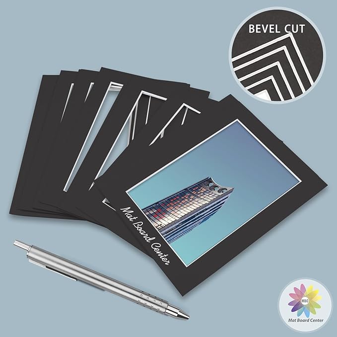 MBC Mat Board Center, 10 Pack 16x20 for 11x17 Black Picture Mats Frame Mattes, Bevel Cut, Acid Free, 4-ply Thickness