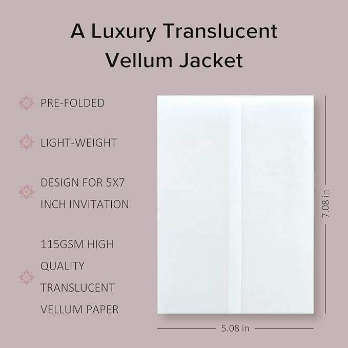 Puremigo 60 Pack Luxury Pre-Folded Vellum Jackets for 5x7 Invitations - Vellum Paper 5x7 Jackets - 115GSM Wedding Invitations Wraps - Transparent