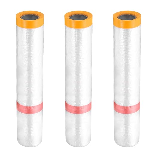 HARFINGTON 3 Rolls Pre-Taped Masking Film 157.5" x32.8ft Double Adhesive Tape and Drape Painters Plastic Drop Cloth Film with Tape Plastic Sheeting for Automotive Painting Covering