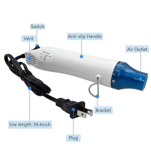 Mini Heat Gun, Portable Hot Air Gun Tool for DIY Crafts Heat Shrink Gun for Epoxy Resin, Embossing, Shrinking Wrapping Drying Paint Removing Stickers (White)