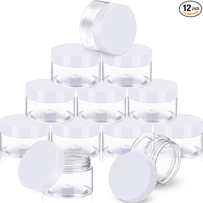 SATINIOR 12 Pack 1 oz Plastic Container Jars with Lids Round Clear Travel Cosmetic Container Slime Jars for Toiletries, Lotion, Cream, Ointments, Makeup, Rhinestone, Samples, Kitchen Storage(White)