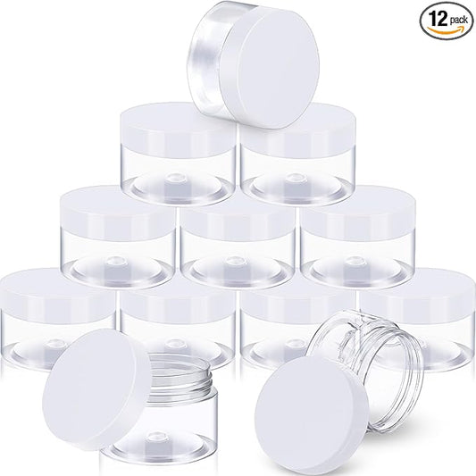 SATINIOR 12 Pack 1 oz Plastic Container Jars with Lids Round Clear Travel Cosmetic Container Slime Jars for Toiletries, Lotion, Cream, Ointments, Makeup, Rhinestone, Samples, Kitchen Storage(White)