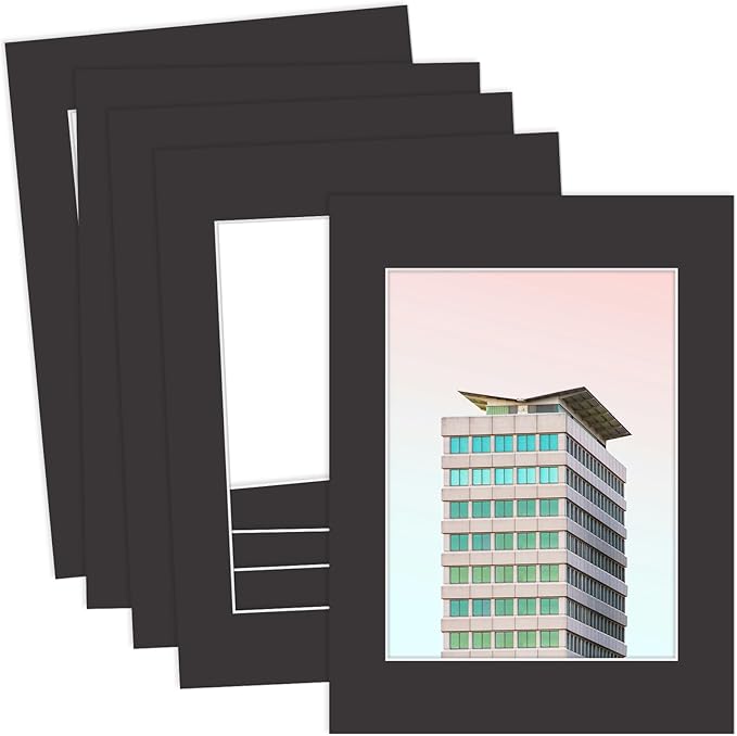 MBC Mat Board Center, 5 Pack 12x16 for 9x12 Black Picture Mats Frame Mattes, Bevel Cut, Acid Free, 4-ply Thickness