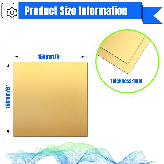 Brass Sheet,6" x 6"-18 Gauge(1mm) Thickness,99.9% Pure Brass Plates for DIY, Jewelry, Electrical, Repair, Industrial(2 Pac）