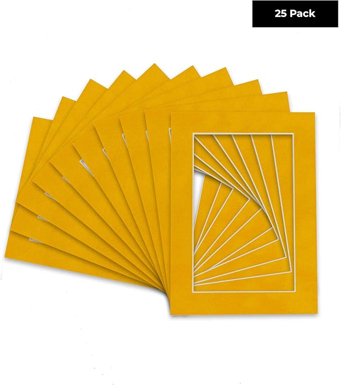 Pack of 25 Acid Free 8.5x11 Mats Bevel Cut for 7x9 Photos - Bright Yellow Precut Matboards With Backing Boards and Clear Photo Mat Bags For Pictures, Photos, Framing - 4-ply Thickness
